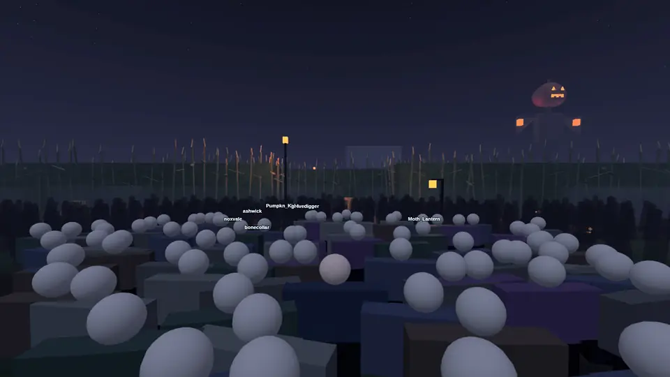 A crowd at the edge of a dark cornfield watched by a pumpkin-headed scarecrow