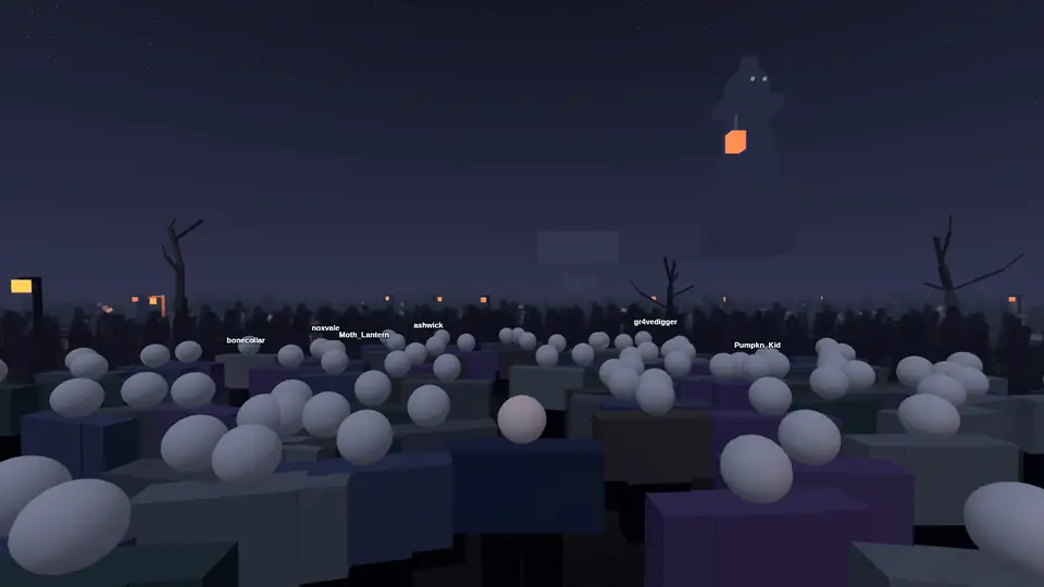 A crowd in a misty graveyard under a tall hooded figure