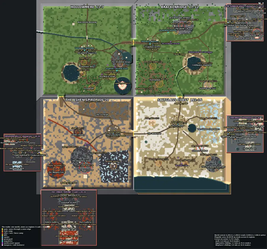 Top-down map of the early test world: several zones on one map joined by gates, with dungeon areas